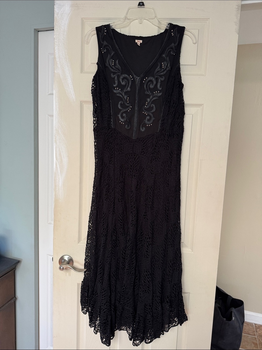 Reba Black Sleeveless Crochet Maxi Dress with Embellished V-Neck